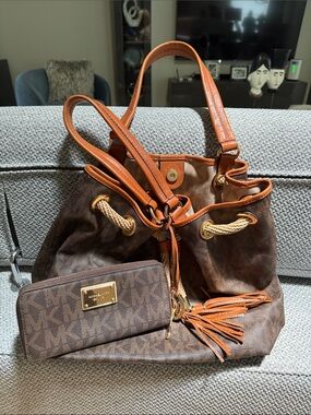 Michael Kors Brown and Tan Drawstring Shoulder Tote with Tassel